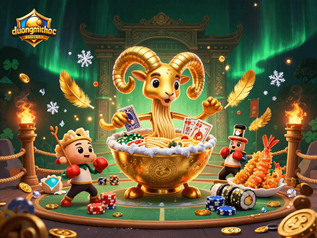 Experience duongmatchuoc as the giant ramen bowl dealer deals cards in an exciting casino scene.