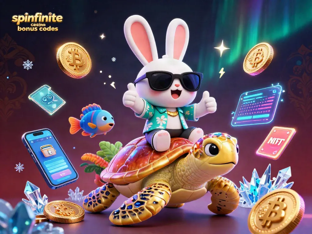 Spinfinite casino bonus codes showcased in a vibrant 3D casino illustration with a lucky rabbit and golden turtle.