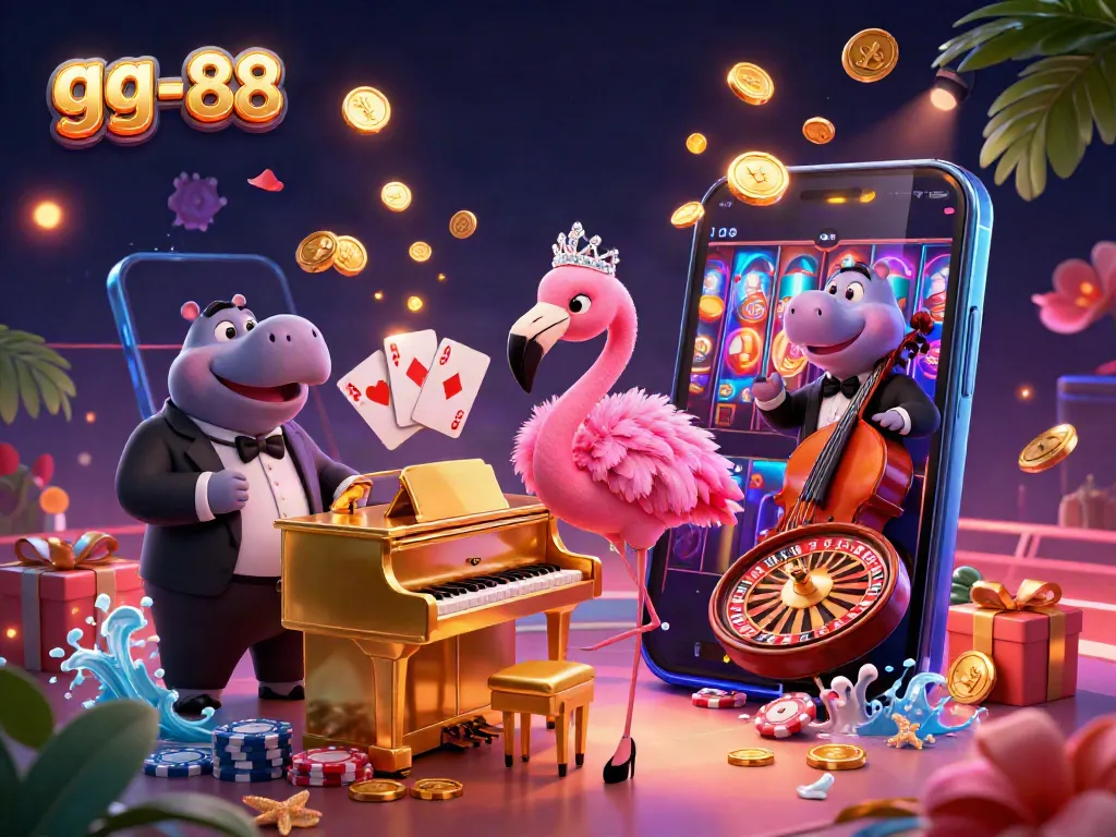 Experience the thrill of gg-88 with a vibrant 3D casino scene featuring a flamingo and hippo entertainers.