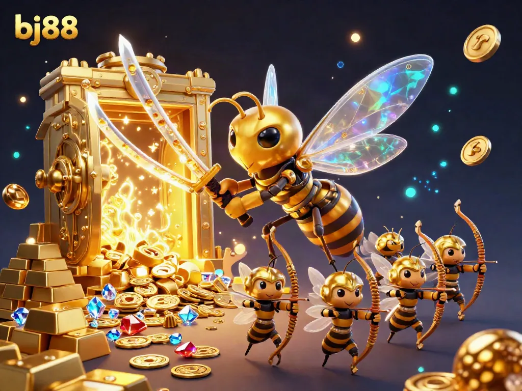 Engage with bj88's vibrant casino experience featuring a golden warrior hornet and treasure elements.