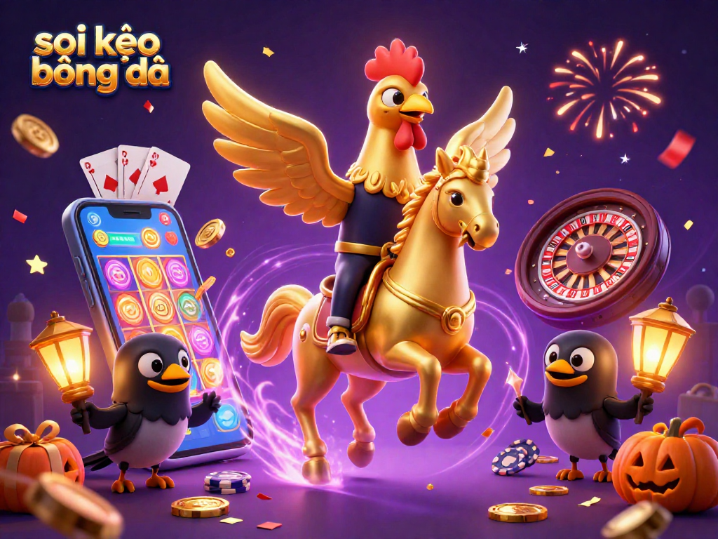 Engage with the thrill of soi kèo bóng đá as a golden rooster navigates a vibrant midnight casino.