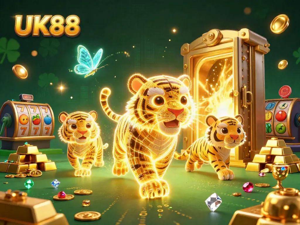 Engage in winning slots adventures at UK88, featuring a neon tiger in a vibrant casino