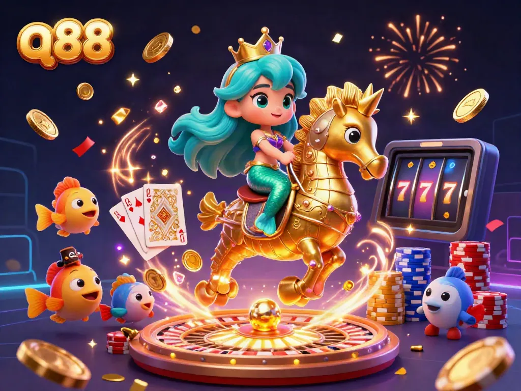 Play and win at q88 with vibrant mermaid-themed 3D casino illustration filled with exciting game elements.