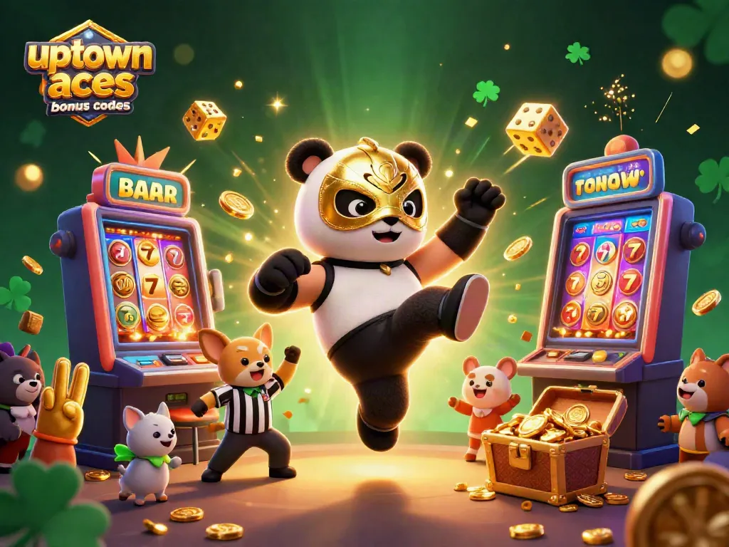 Engage with uptown aces bonus codes as a panda wrestler unleashes a flying kick in a dynamic casino scene.