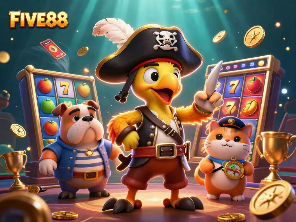 Experience the excitement of FIVE88 with vibrant 3D casino elements and animated characters in action.