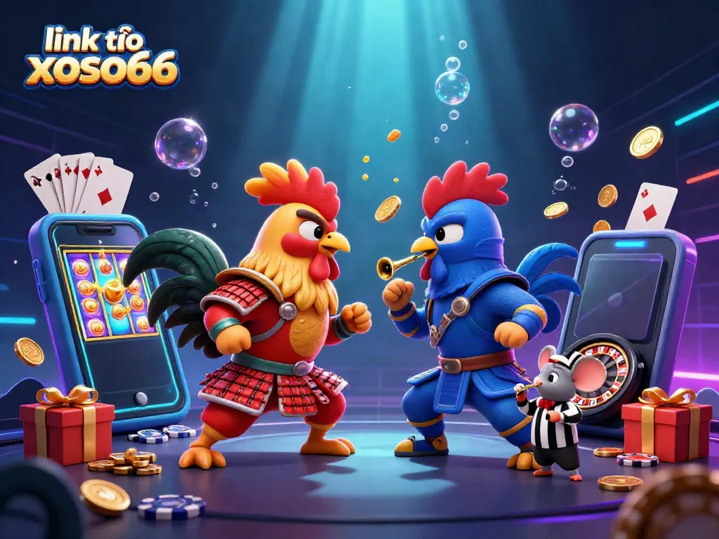 Experience the excitement of link vào xoso66 with this dynamic illustration of two cartoon fighting roosters in an epic casino setting.