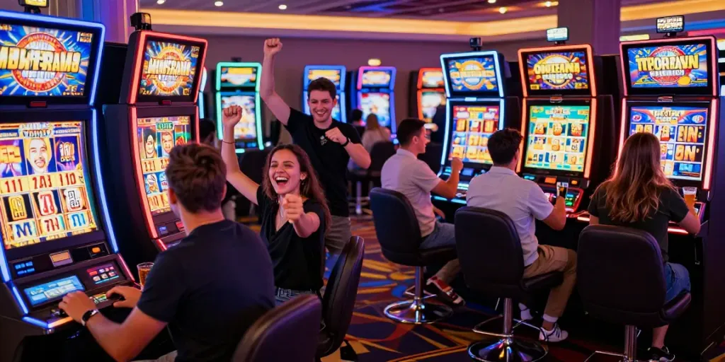Slot gacor hari ini excitement on a lively casino floor with players celebrating wins.