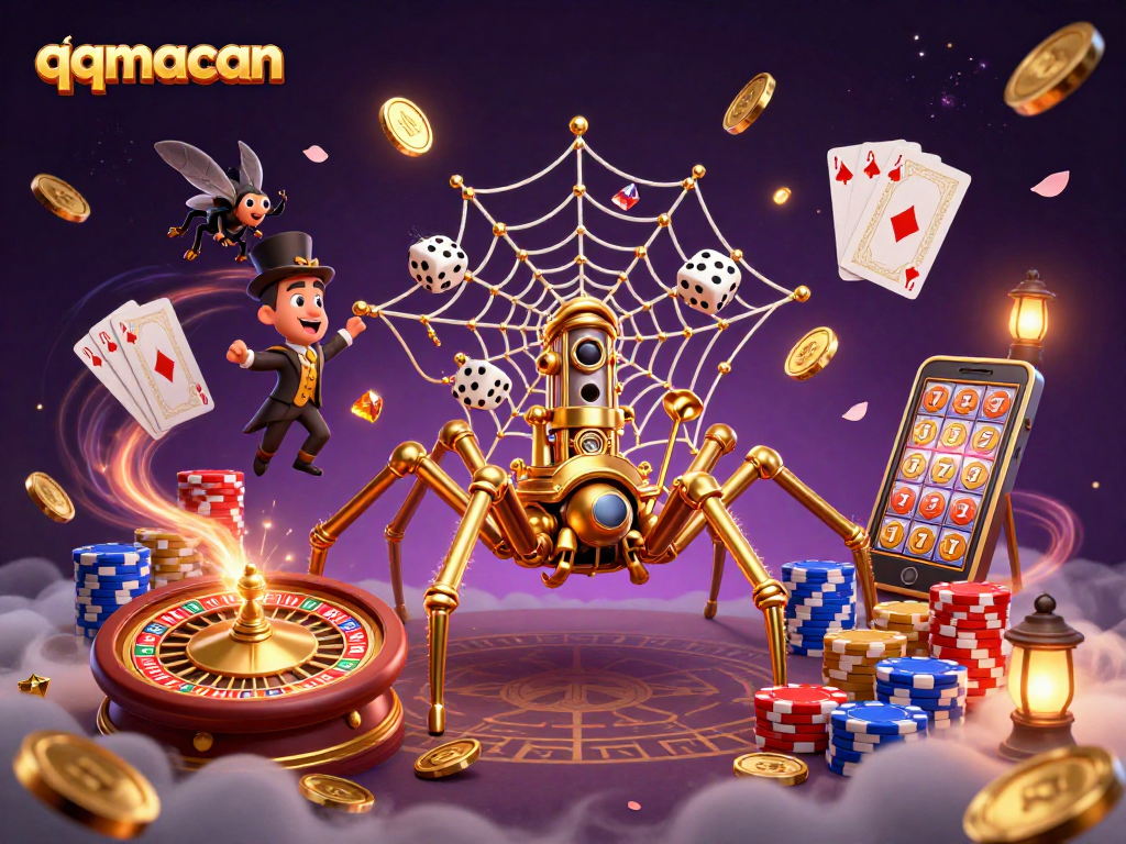 Engage with thrilling casino visuals featuring the gold-themed qqmacan brand through steampunk elements.