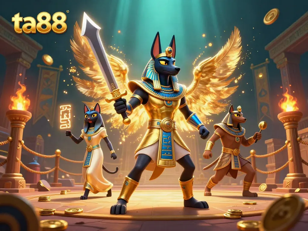 Experience the immersive 3D world of ta88 with Anubis and Bastet surrounded by dynamic casino elements.