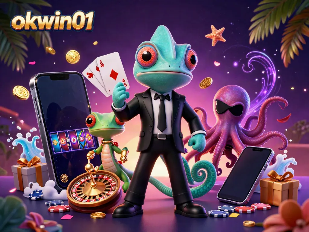 Experience thrilling gaming with okwin01 as vibrant characters interact with casino elements in a dynamic 3D scene.