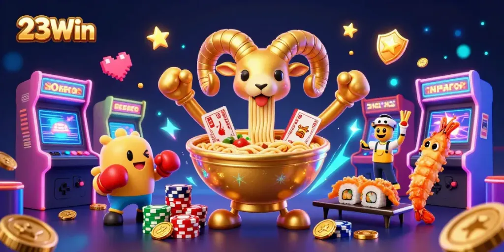 Experience the excitement of 23Win with dynamic gaming action in a vibrant casino illustration.
