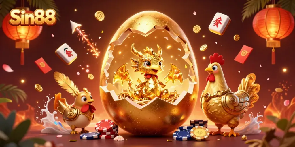 Sin88 showcases a vibrant casino scene with a golden baby dragon on poker chips, filled with festive gambling elements.