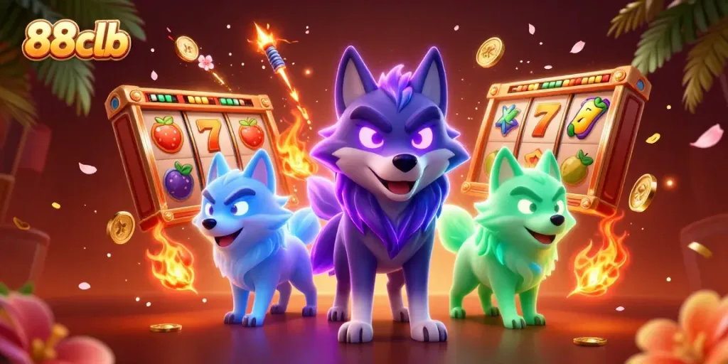 Engage with the exciting world of 88clb through this vibrant three-dimensional casino art showcasing spectral wolves and slot machines.