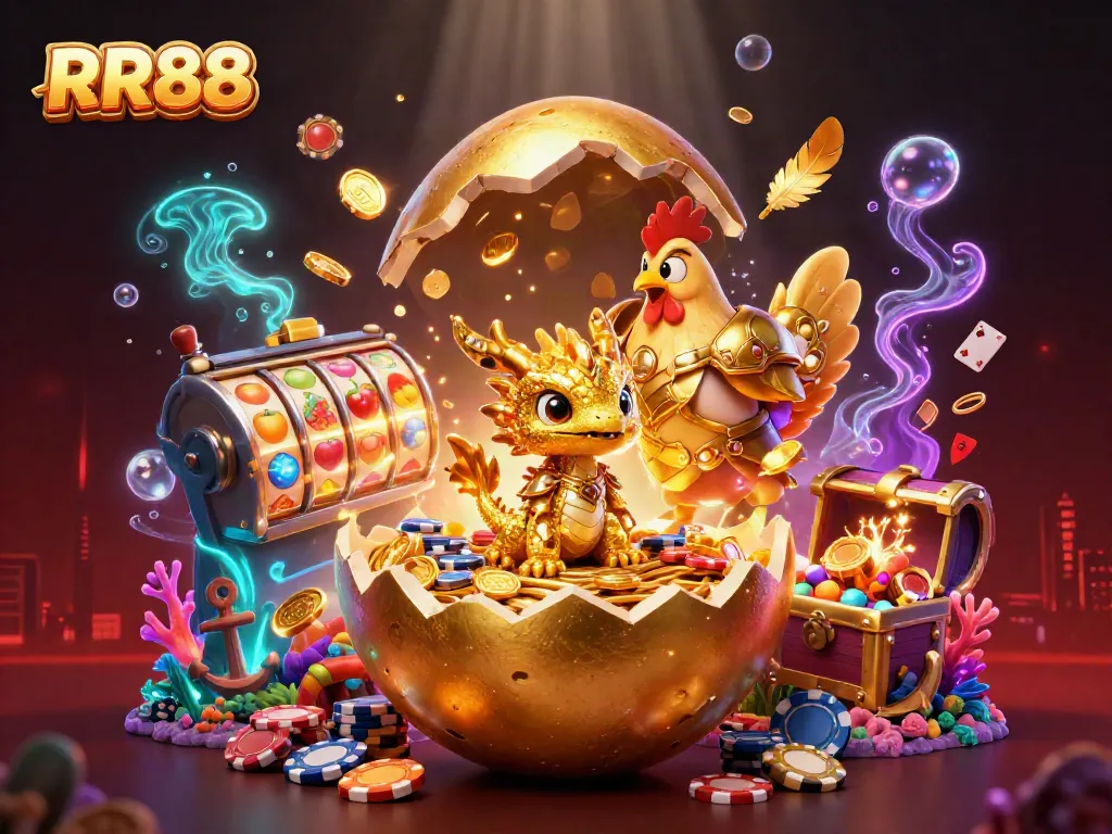 Play thrilling slots at RR88 with an exciting scene of a golden dragon guarding poker chips.