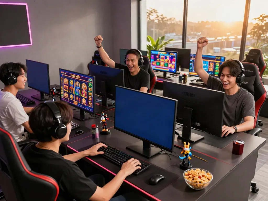 Players enjoying QQMacan's gaming features in a vibrant online hub during golden hour.