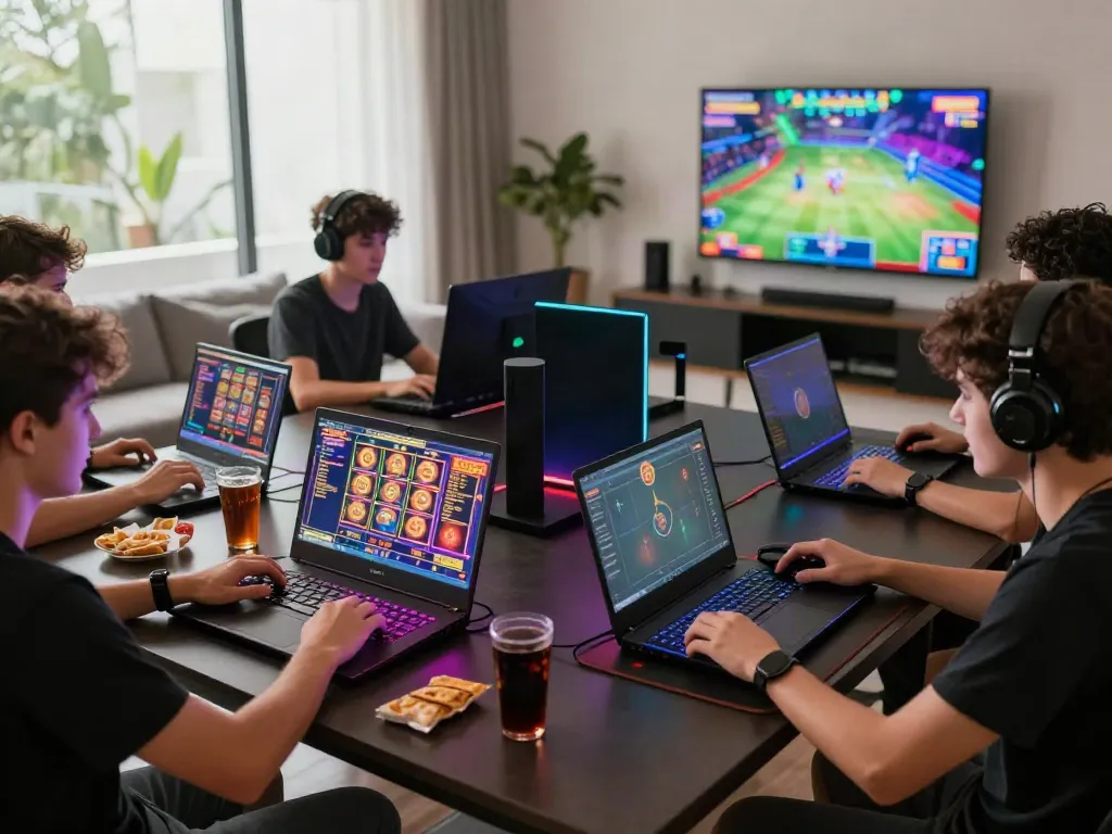 Friends enjoying an exciting akunjp online gaming session in a modern home.