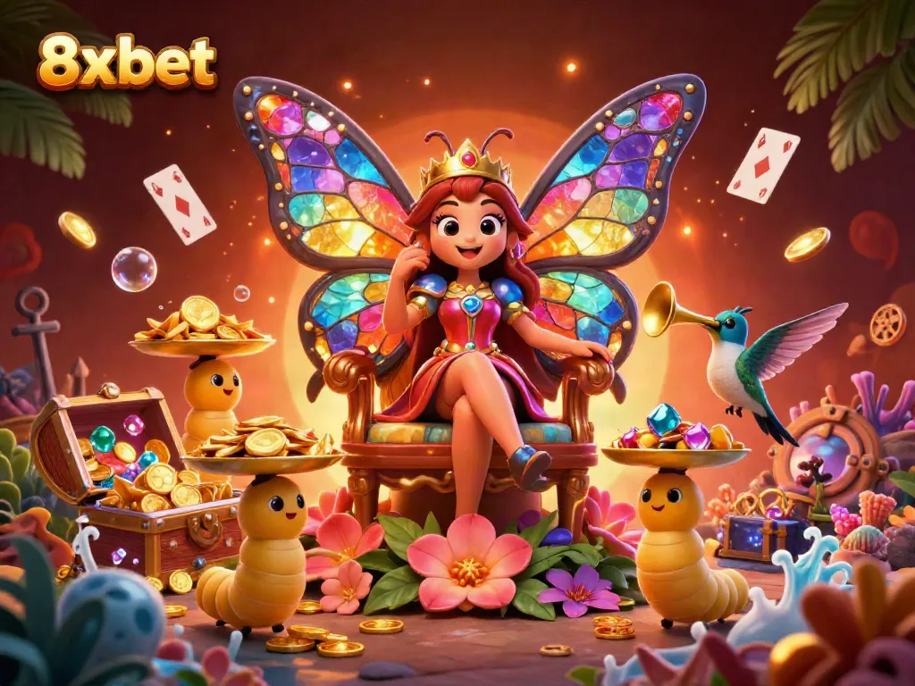 Experience thrilling games at 8xbet with a vibrant 3D illustration showcasing a cartoon butterfly queen and playful elements.