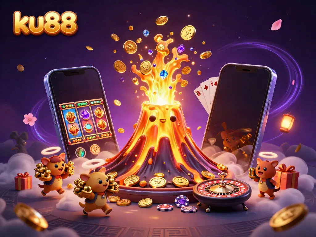 Experience thrilling gameplay with ku88, where a golden volcano erupts treasures in this vibrant casino scene.