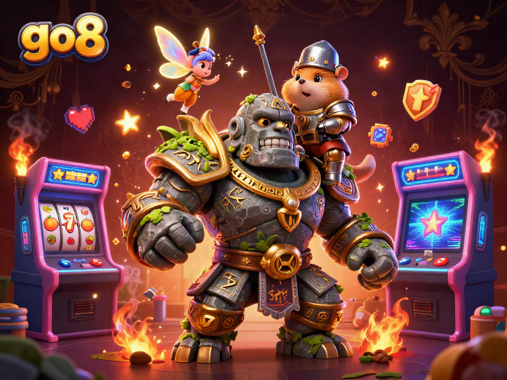 Experience the excitement of casino slots with go8 characters in a vibrant illustration.