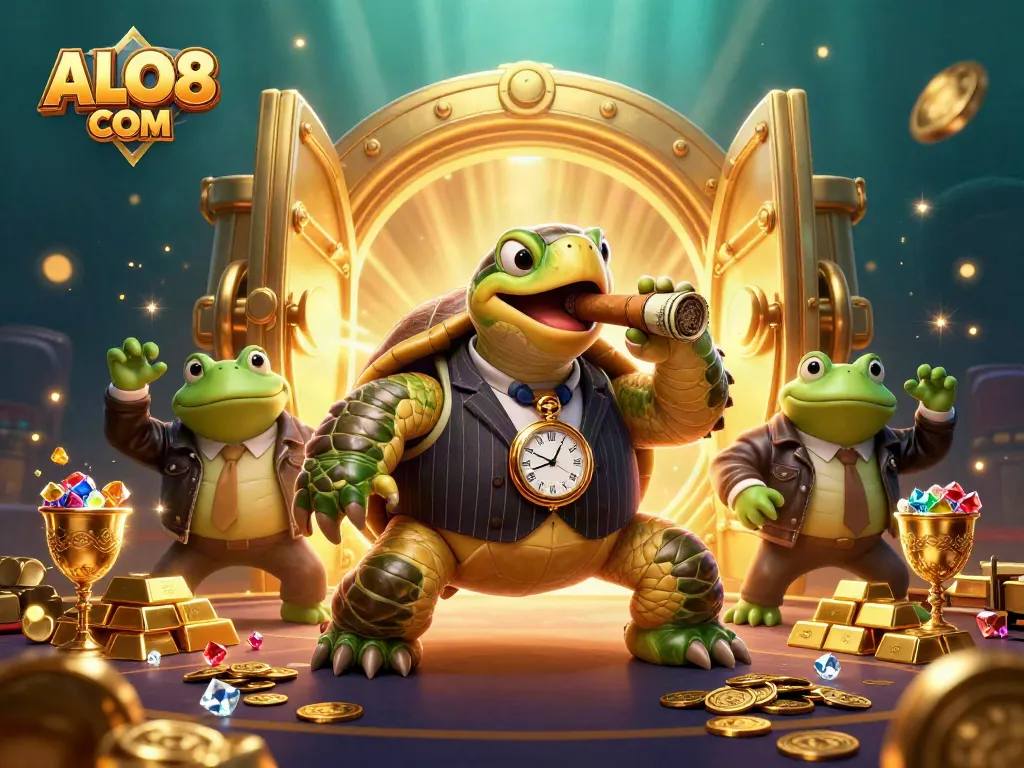 Experience the thrill of ALO8 COM with a cartoon casino scene featuring a mobster turtle and bullfrog enforcers.
