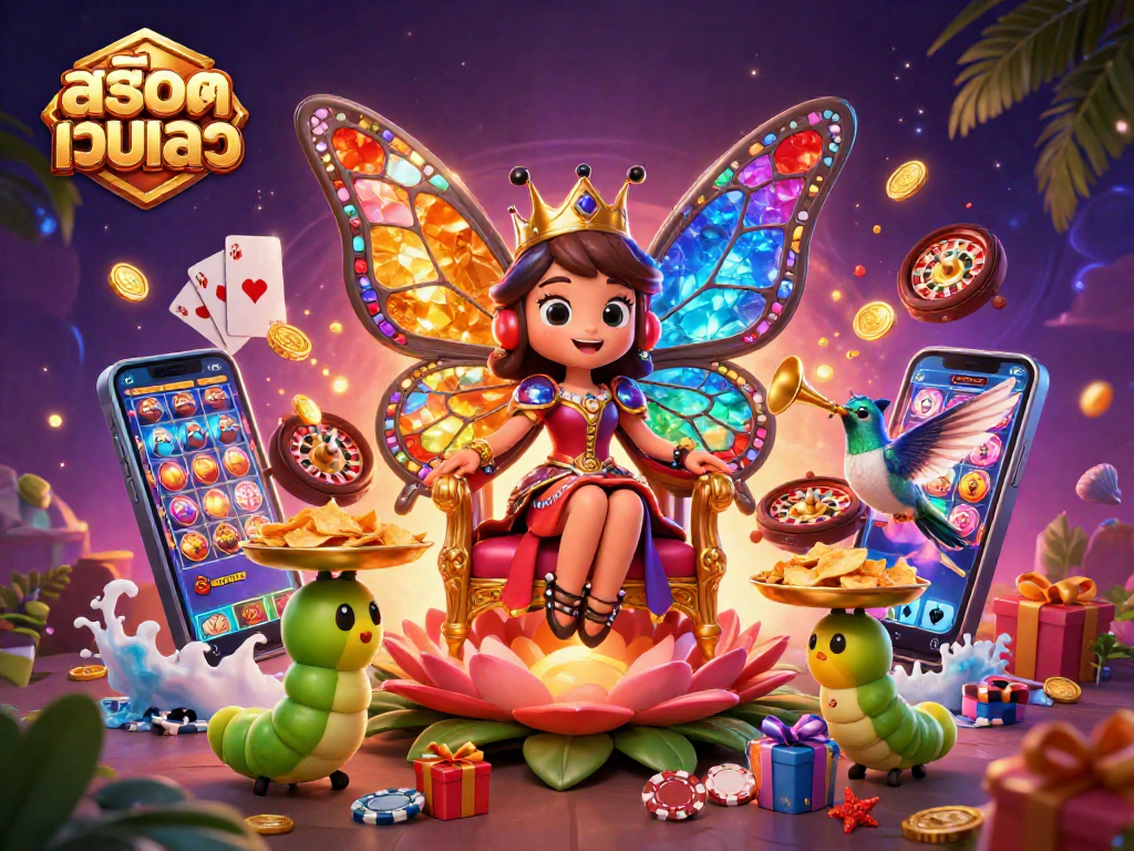 Experience สล็อตเว็บตรง with vibrant characters and slot game action in a magical setting.