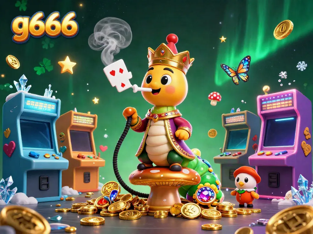 Engage with g666's vibrant casino world featuring a caterpillar smoking poker symbols amidst arcade games.