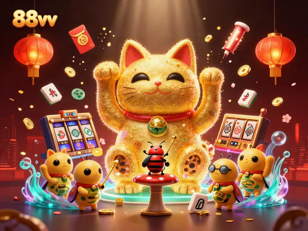 Engage with 88vv's vibrant casino world featuring a lucky cat formed by fireflies and floating mahjong tiles.
