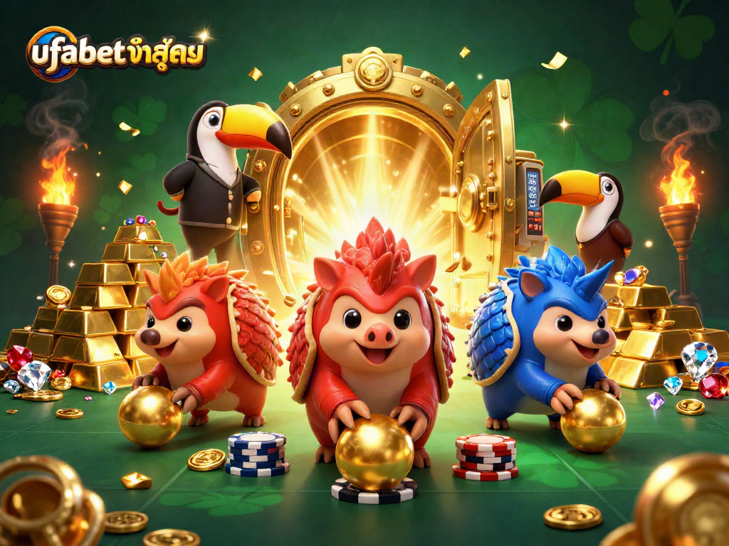 Rolling pangolins showcase ufabetเข้าสู่ระบบ as they play in a vibrant casino scene filled with winnings.