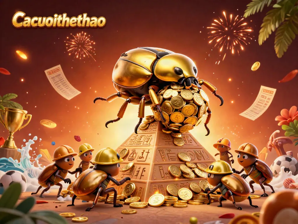Experience exciting sports betting with Cacuocthethao as golden beetles navigate coins and trophy elements.