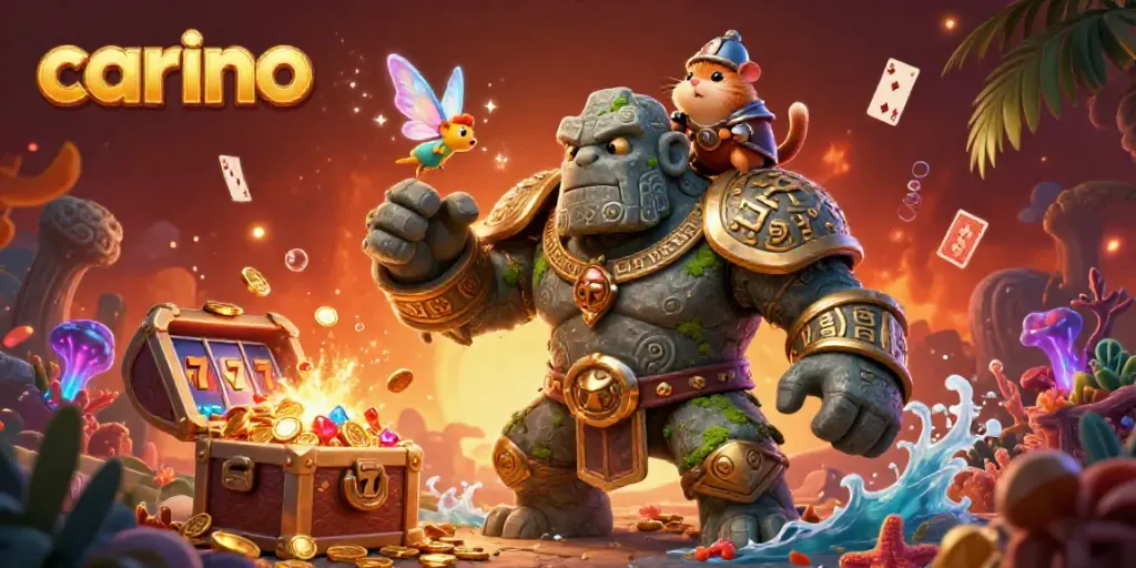 Engage in the vibrant casino world with carino, featuring a golem guardian and treasure elements.