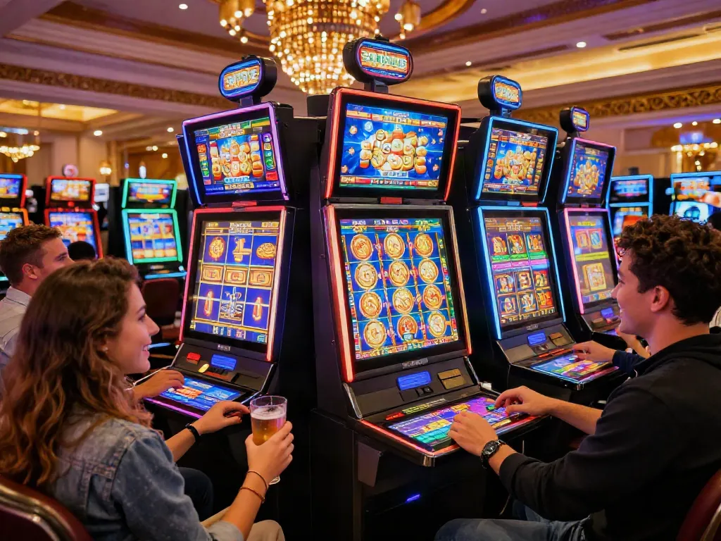 Exciting slot jackpot games in a vibrant casino atmosphere with diverse players enjoying their time.