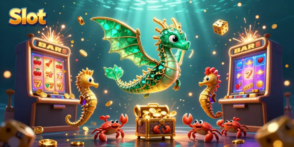 Spin the Slot machine with vibrant symbols in a magical underwater casino realm.