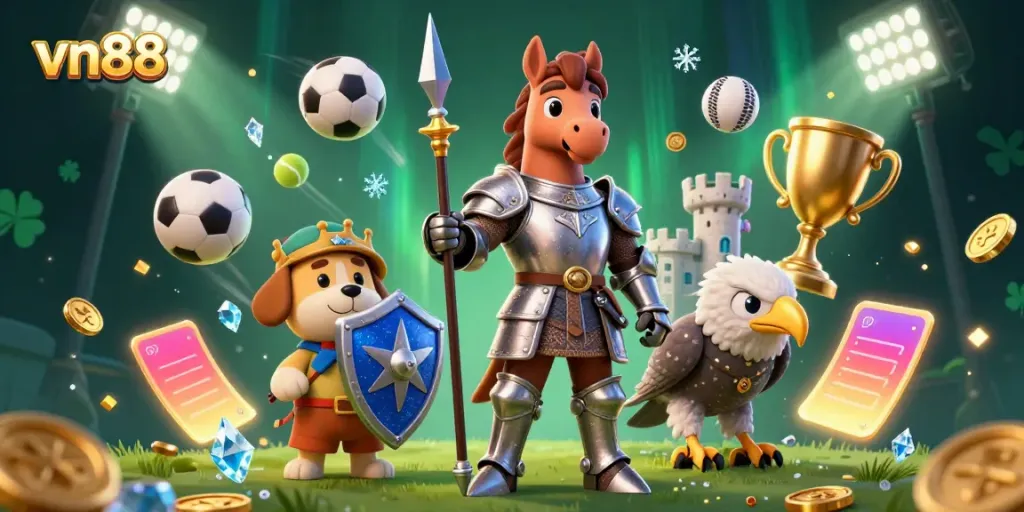 Experience the excitement of vn88 with knights and sports elements blending seamlessly in a colorful casino scene.