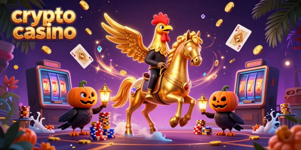Engage in a vibrant crypto casino scene filled with golden coins and sparkling gems, highlighted by unique characters.