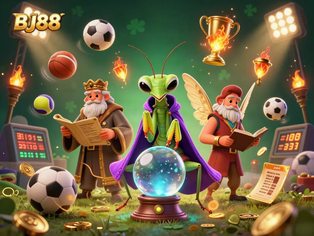 BJ88 bettors winning big with an immersive gaming scene featuring fortune tellers and sports icons