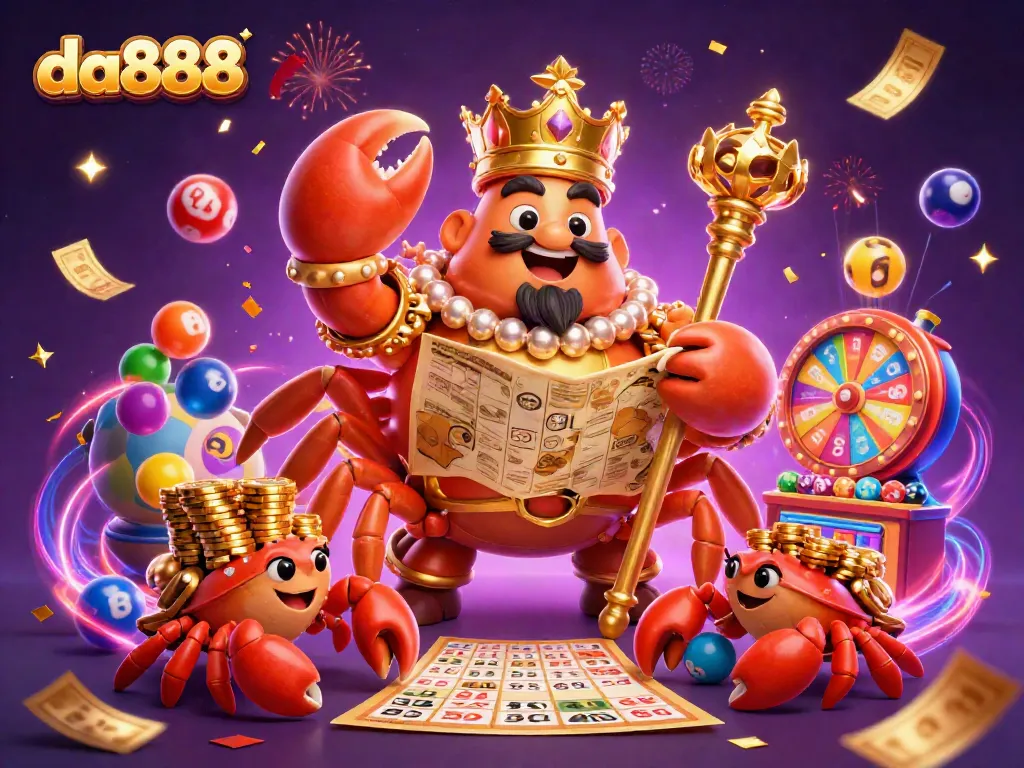 Engage with da888's vibrant casino world featuring a golden crab emperor amidst lottery elements.