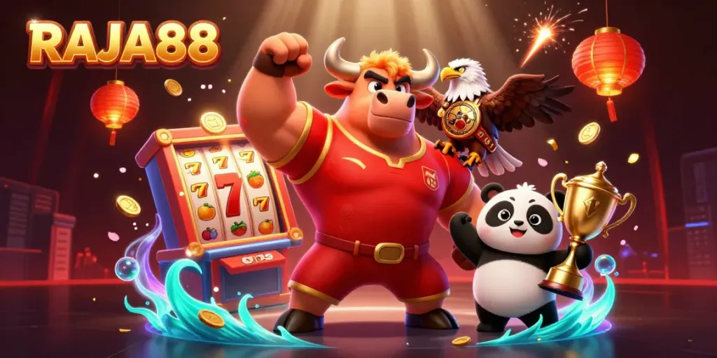 Gambarkan RAJA88 dengan karakter judi penuh warna, simbol slot, dan keceriaan.