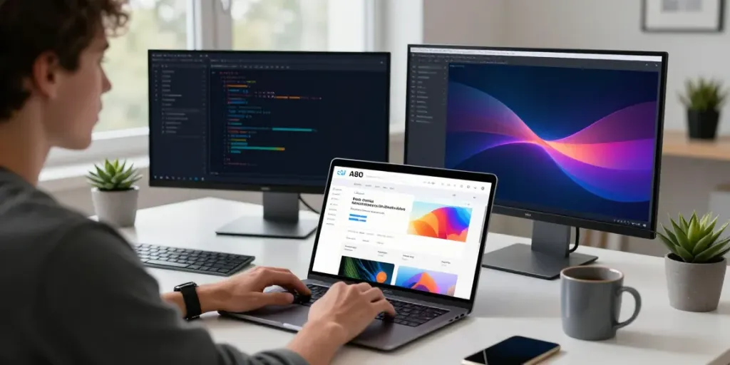 The A80 website displayed on a laptop in a modern workspace, emphasizing a tech-savvy environment.