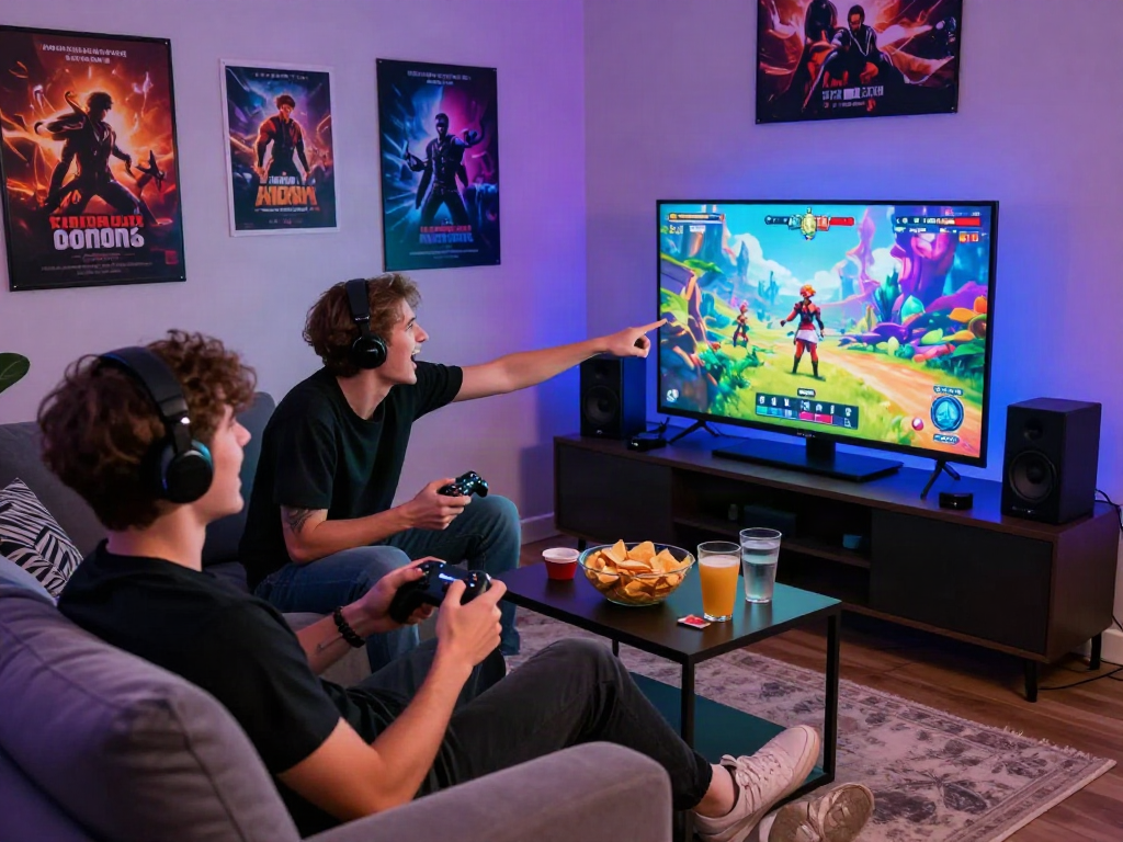 Enjoying an interactive porn game with friends in a vibrant gaming room