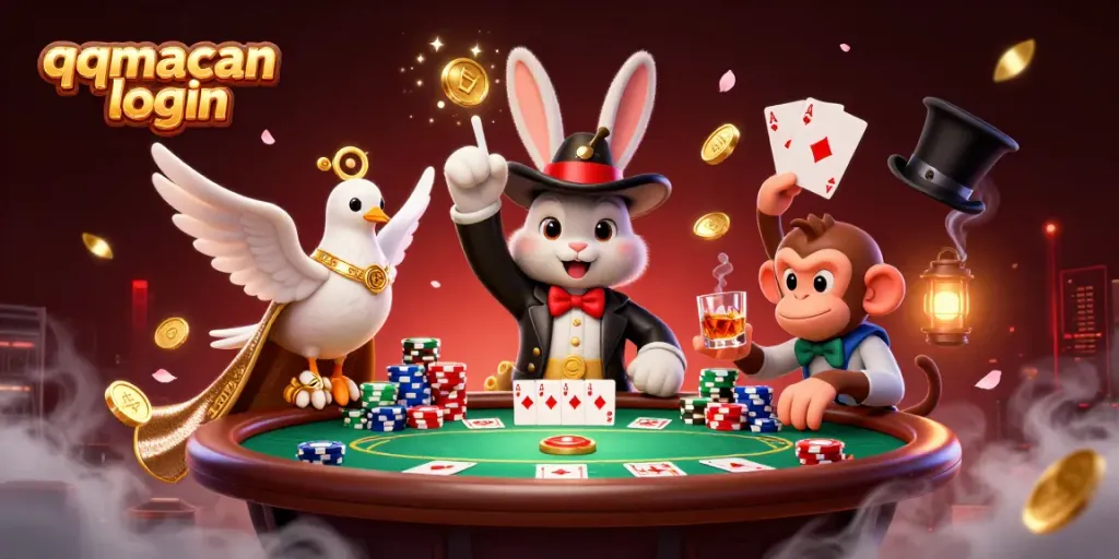 Experience the thrill of qqmacan login with a magical scene where a rabbit conjures coins, surrounded by vibrant gambling elements.