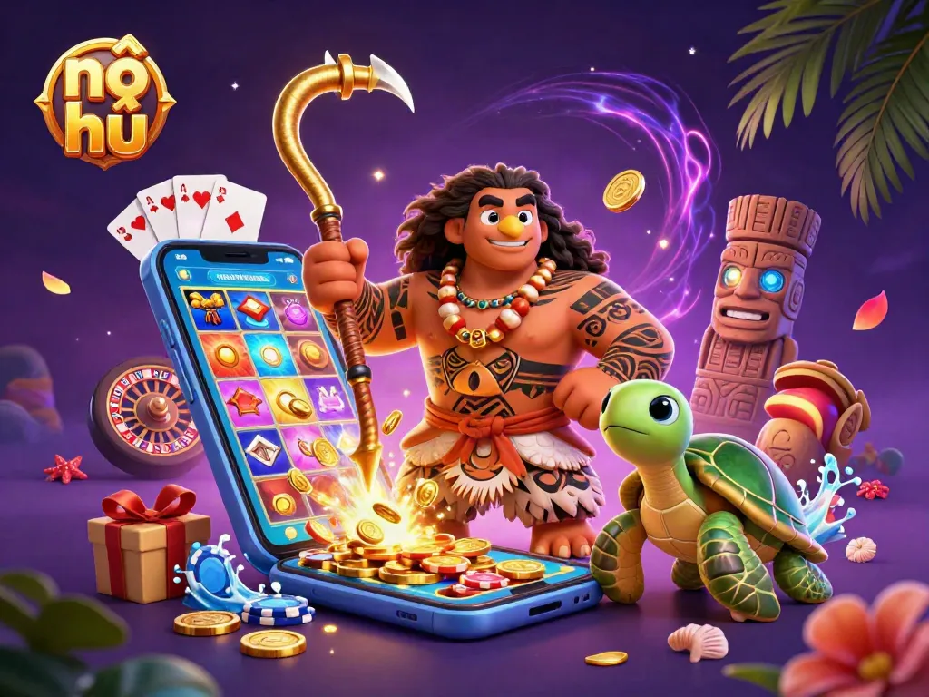 Nổ hũ game illustration featuring a cartoon demigod with a turtle sidekick, surrounded by slot machines.