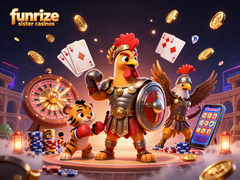 Experience funrize sister casinos with a vibrant illustration of a rooster and slots action, showcasing excitement and rewards.
