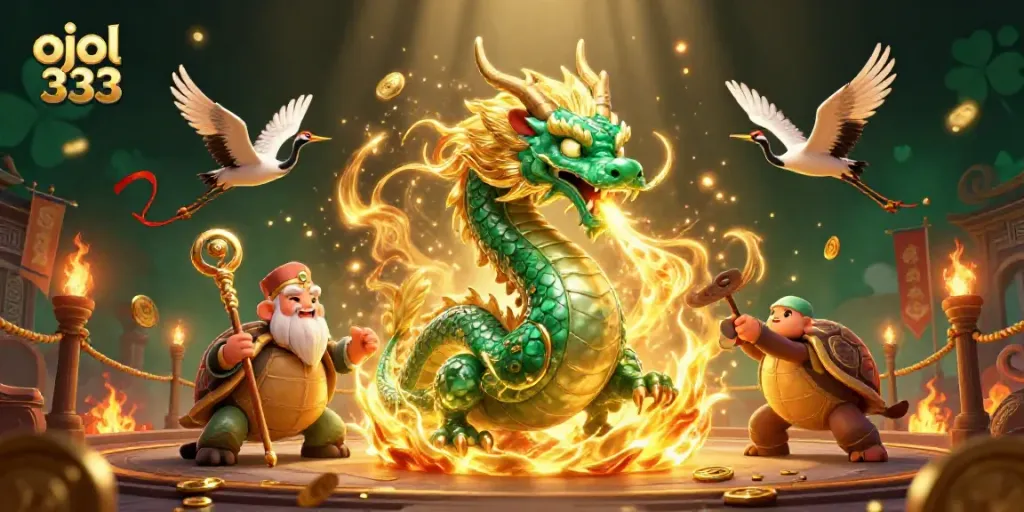 Engage in captivating gameplay with ojol 333, featuring vibrant dragon, sage, and cranes art.