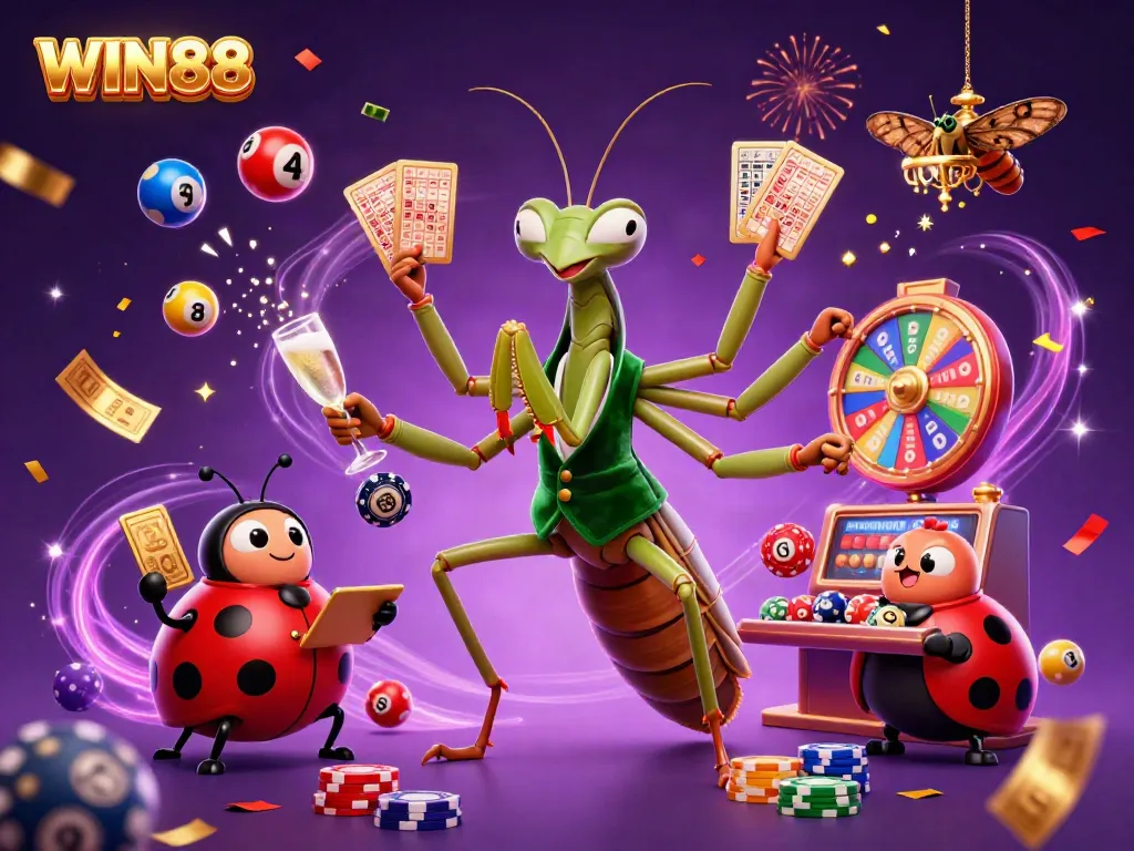 Experience the excitement of WIN88 with vibrant lottery elements and dynamic casino characters in a lively illustration.