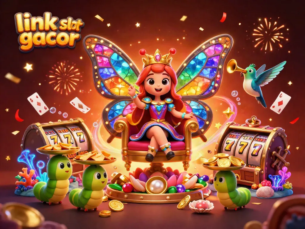 Ilustrasi menarik dari link slot gacor dengan ratu kupu-kupu dan elemen permainan kasino
