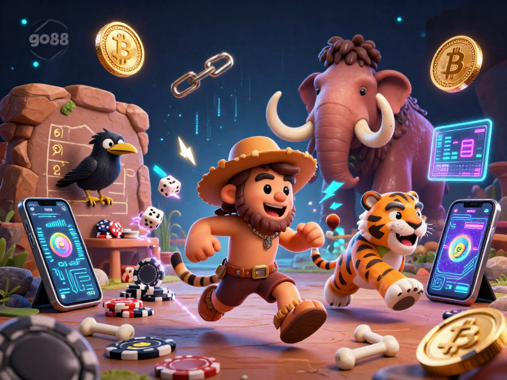 Join the excitement at go88's dynamic casino featuring prehistoric elements and cryptocurrency icons.