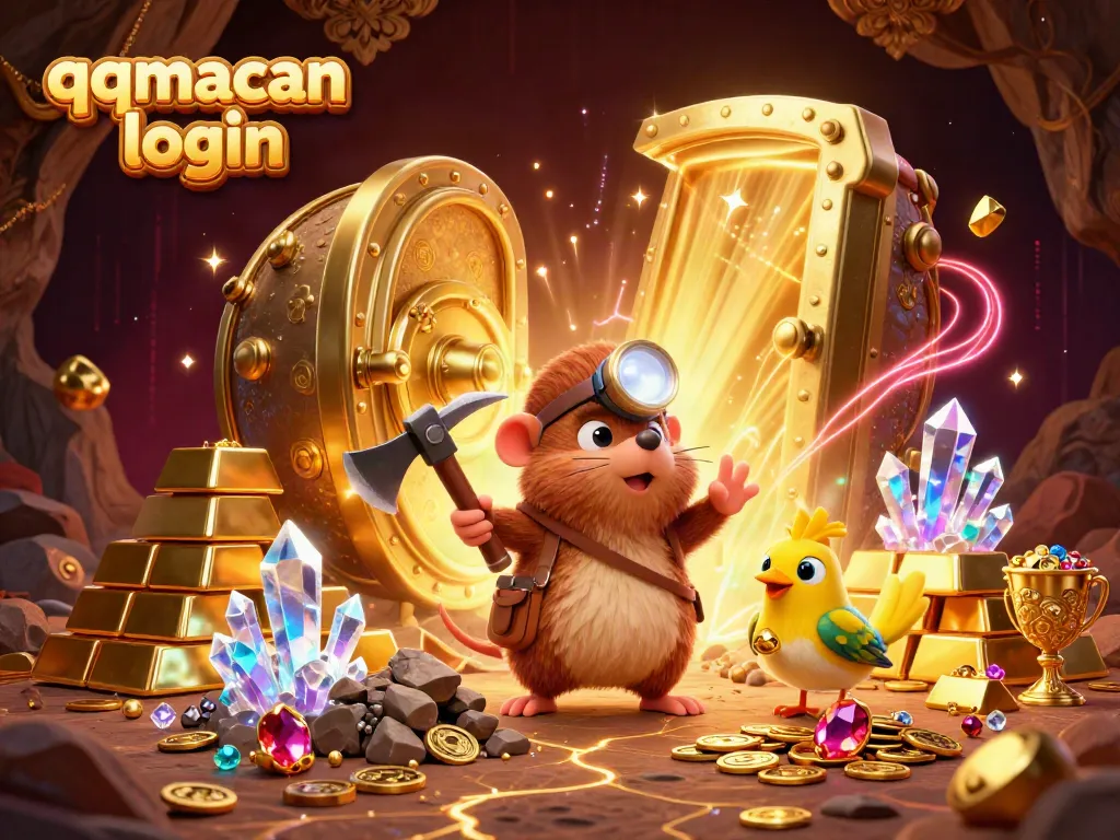 Join the qqmacan login adventure with treasure hunter mole and sparkling gems in a rich casino scene.