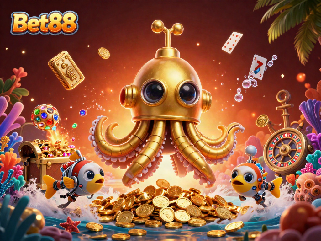 Bet88 captures exciting casino moments with a 3D kraken submarine amidst slot reels and gold coins.