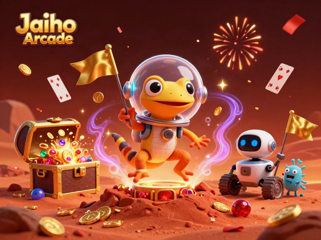 Experience thrilling gameplay at Jaiho Arcade with vibrant characters, gold coins, and casino elements.