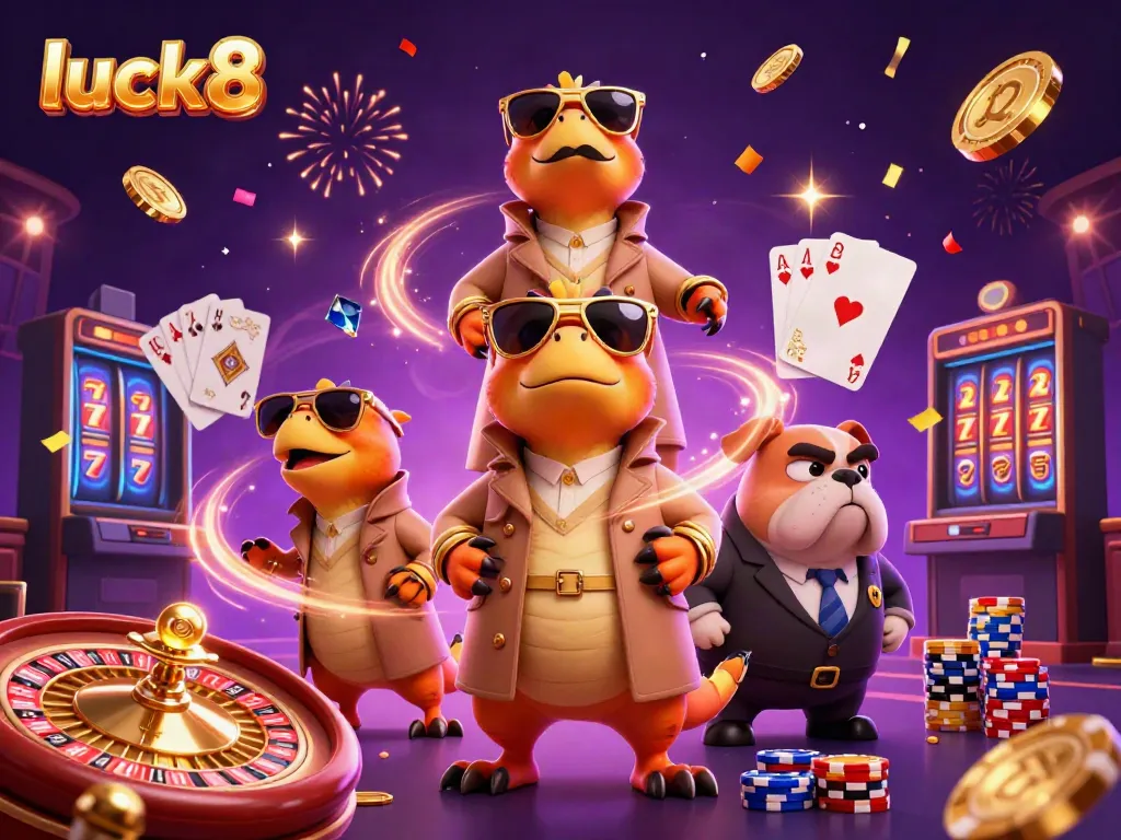 Experience the thrill of luck8 with raptors attempting to enter a VIP casino lounge amidst dazzling casino elements.